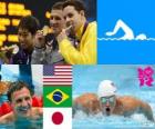 Плавательный 400 м комплексное плавание мужчины подиум, Райан Лохте (Соединенные Штаты), Тьяго Перейра (Бразилия) и Hagino (Япония) - Лондон-2012 - Косукэ